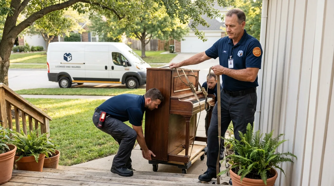 Licensed piano movers securing grand piano in Chepachet, RI