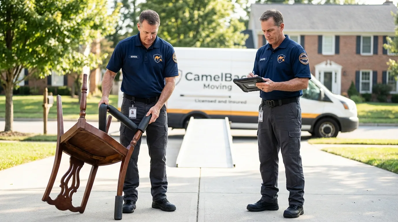 Movers inspecting furniture for damage prevention before loading in Chepachet, RI