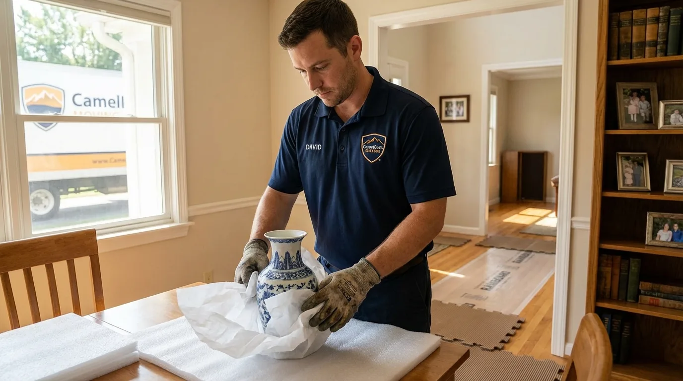 Professional crew carefully wrapping antique vase for senior downsizing move in Chepachet, RI