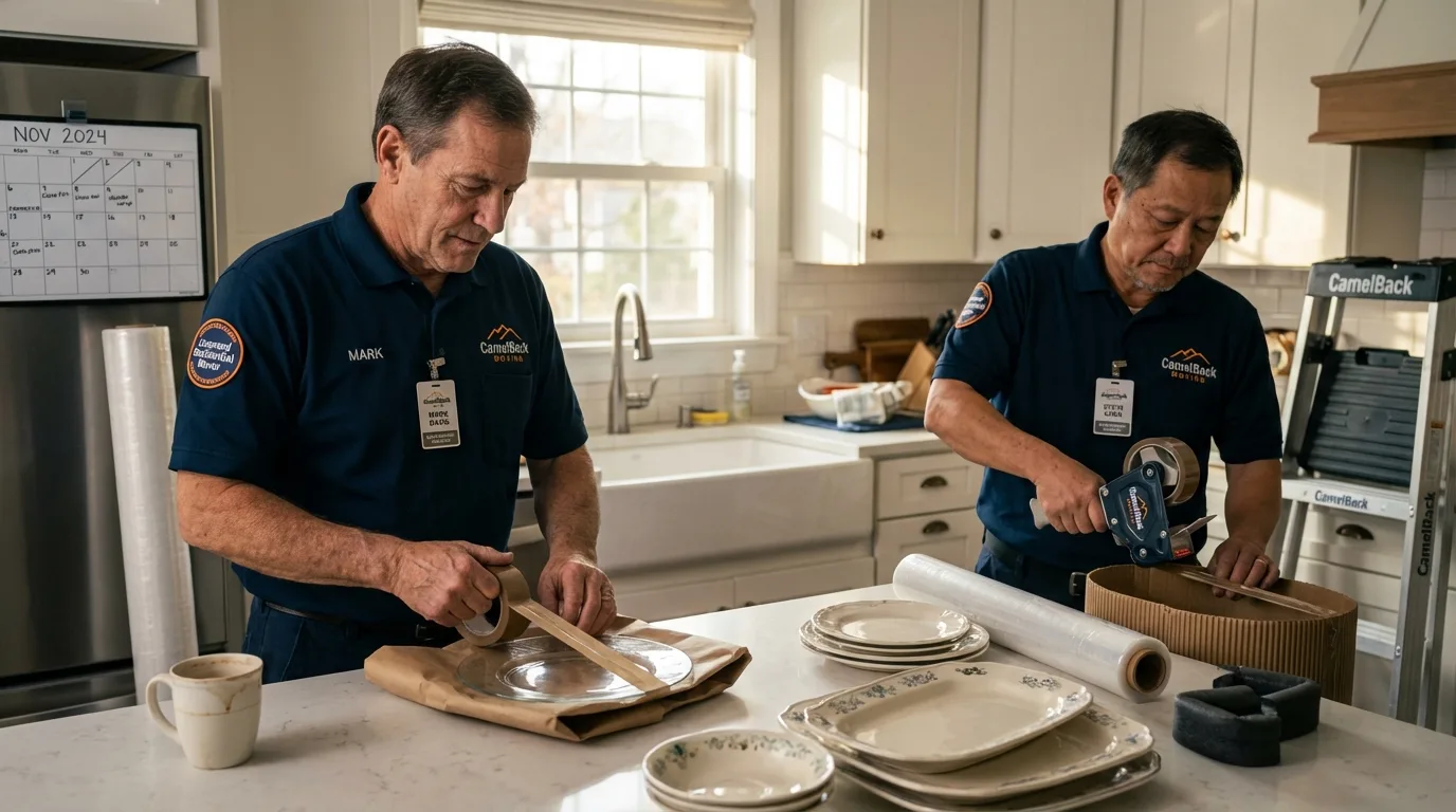 Professional crew packing kitchen dishware in Chepachet, RI